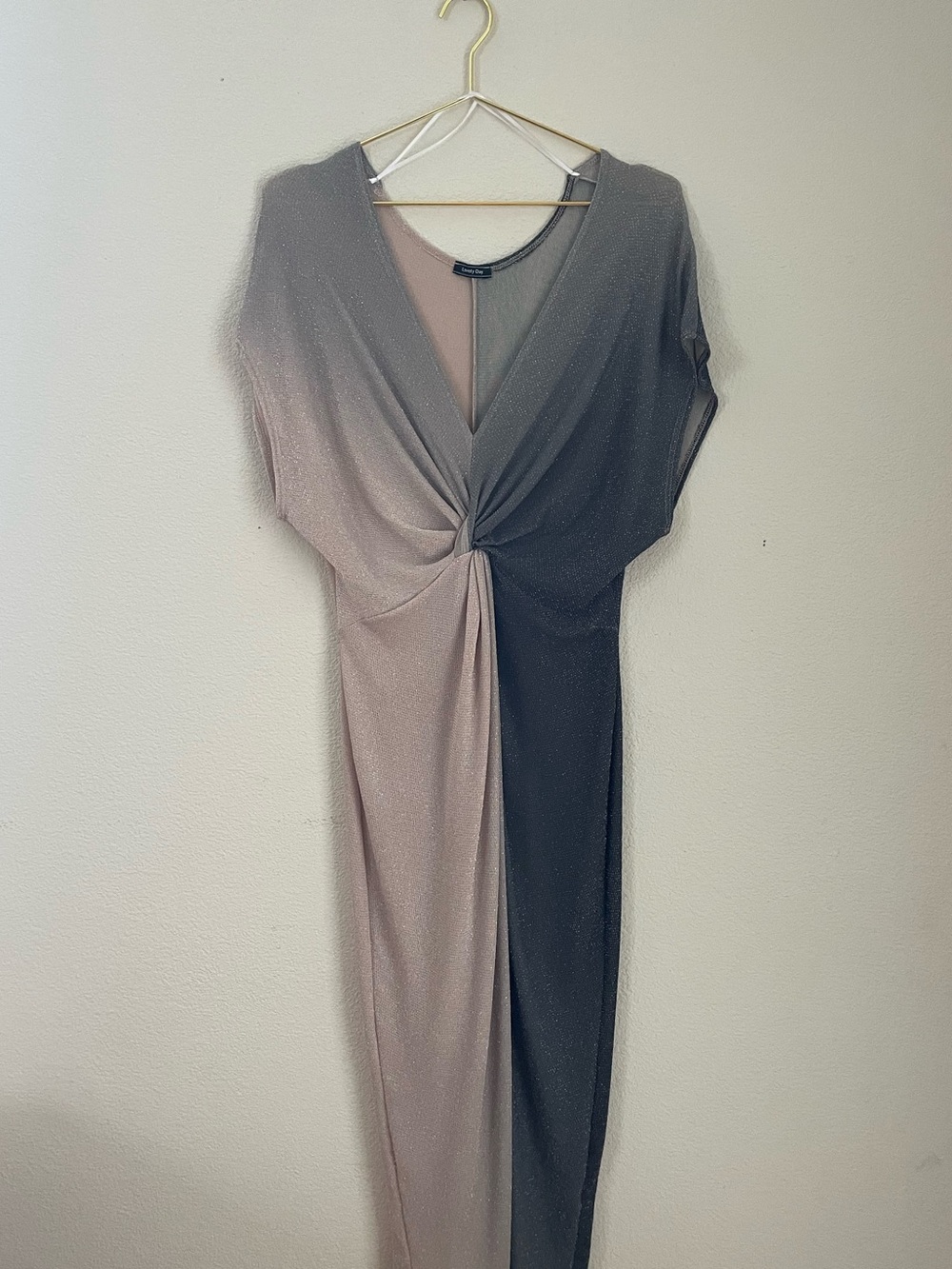 Shimmery Lovely Day Two-Tone Knot-Front Midi Dress in Taupe and Charcoal